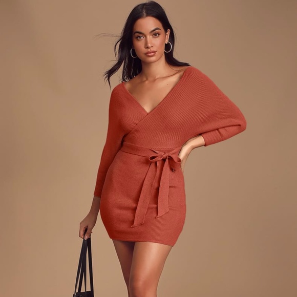 Lulu's Modena Rust Brown Dolman Sleeve Bodycon Sweater Dress, Size M - Picture 1 of 5